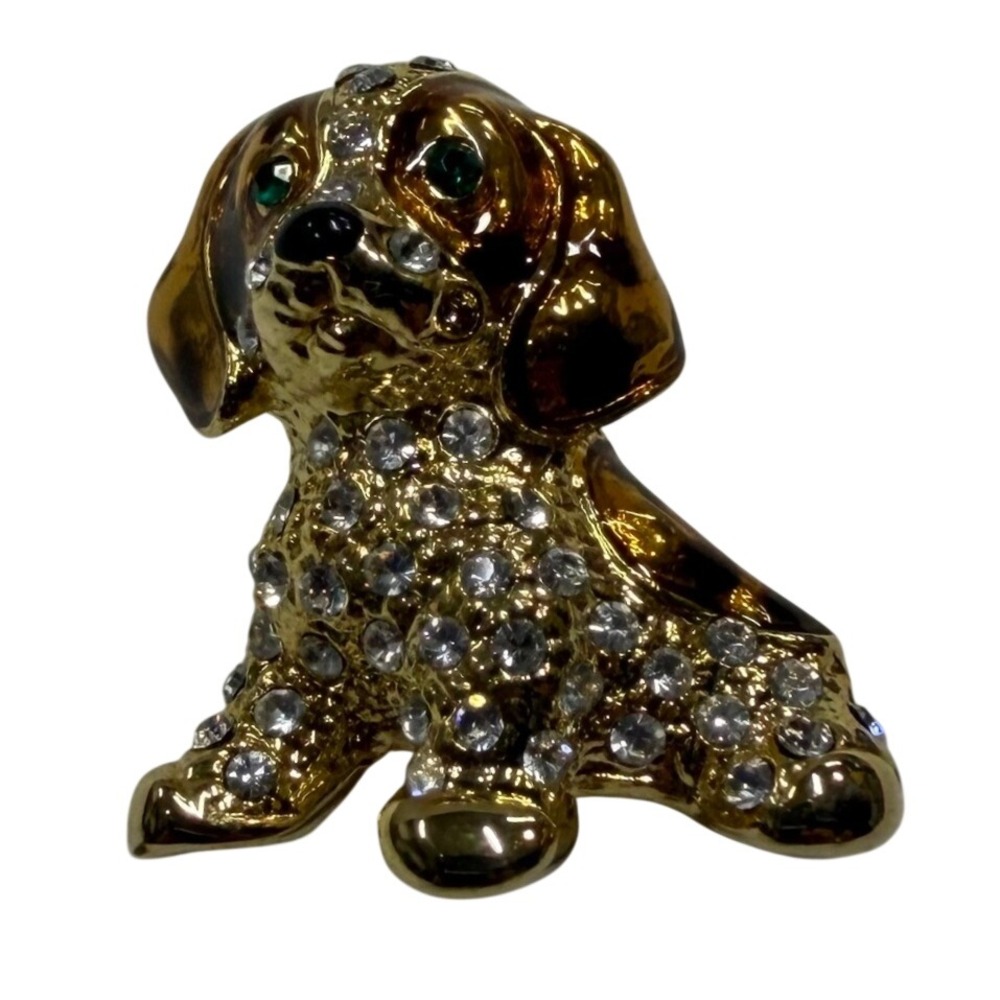 Vintage Gold Tone Rhinestone Puppy Dog Brooch Green Eye Enamel Detail Pin